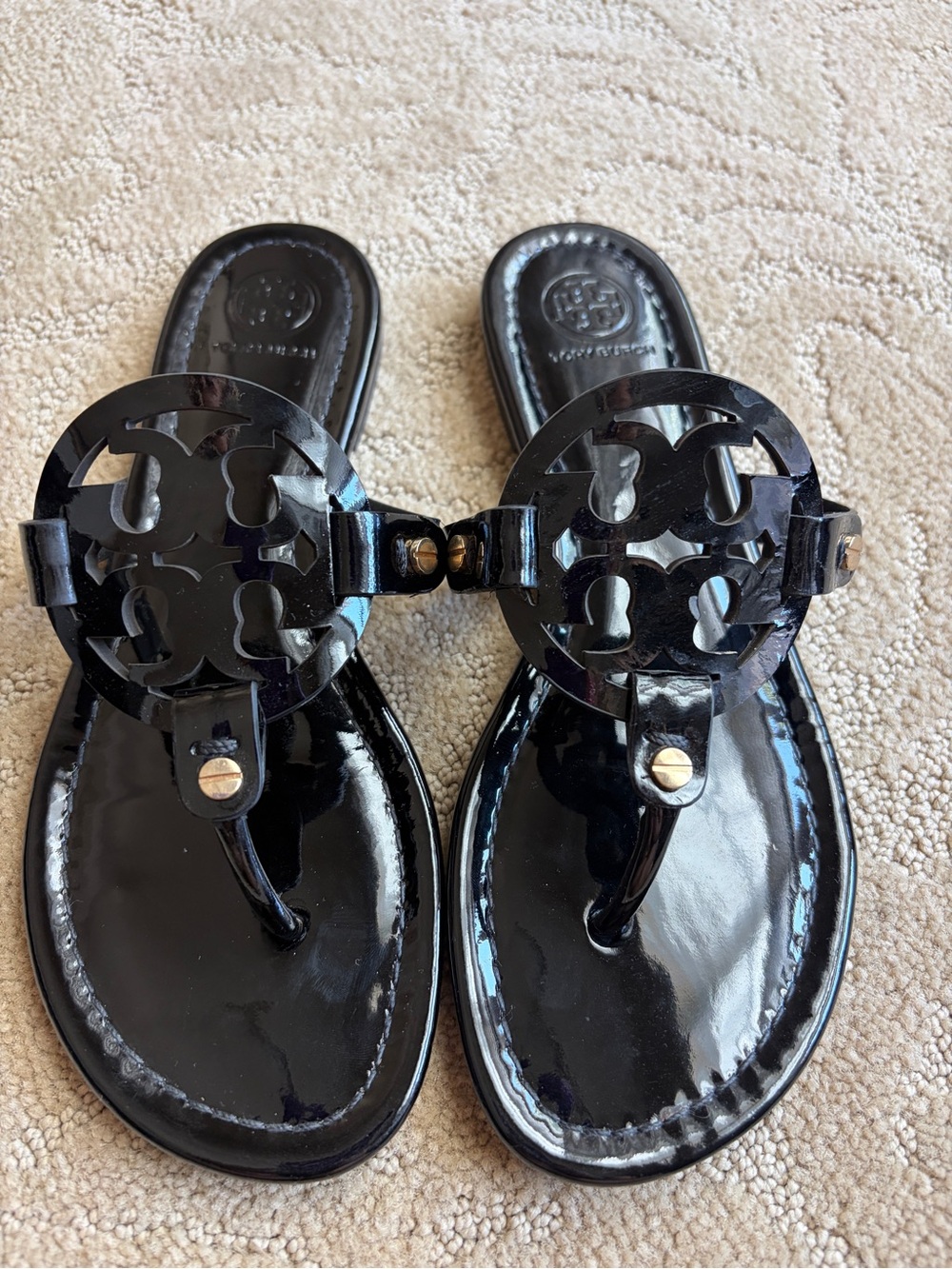 Tory Burch Black Patent Logo Thong Sandals with Gold Accent